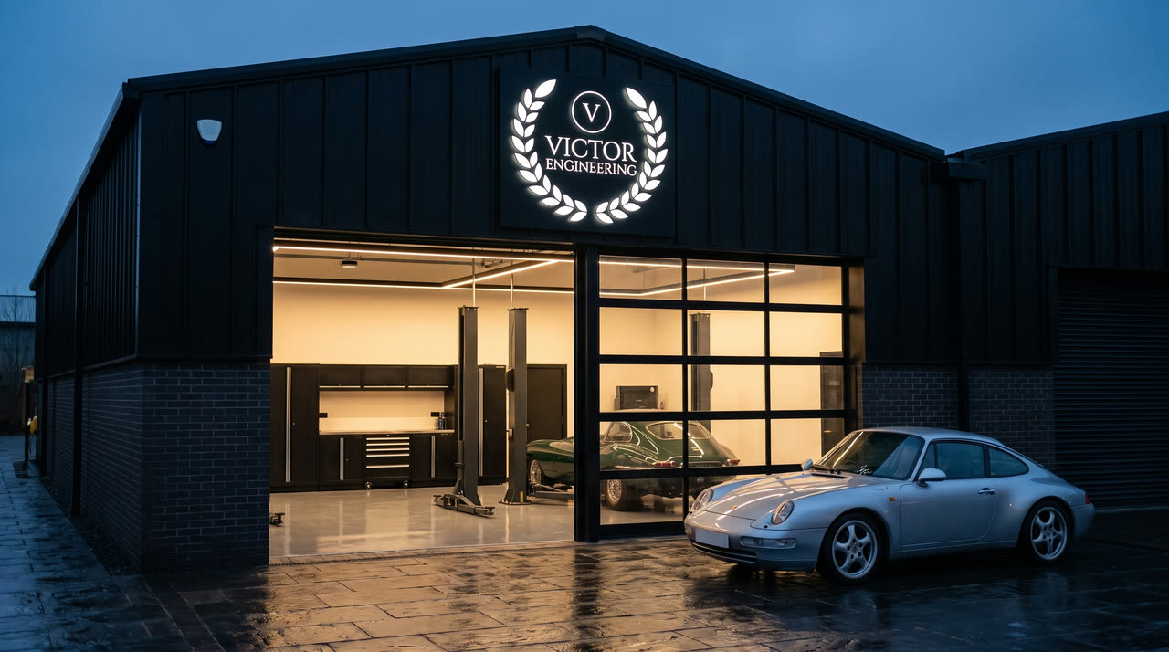 The black-clad Victor Engineering unit at dusk, its laurel logo lit above an open garage door
