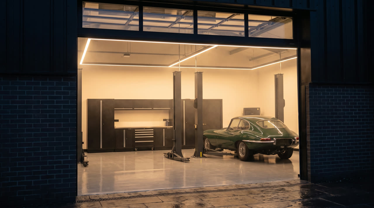 Looking through the open door of the Victor Engineering workshop at a green Jaguar E-Type