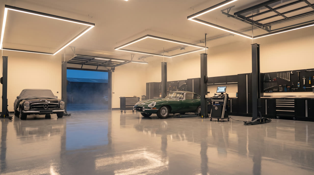 Inside the workshop: black two-post lifts, black tool cabinetry, a Jaguar E-Type and a covered Mercedes Pagoda